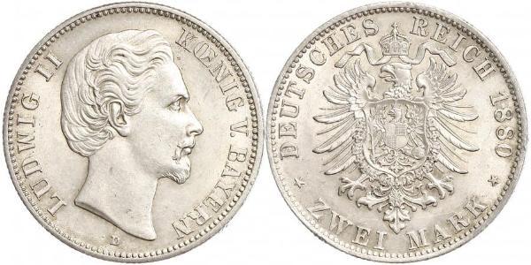 2 Mark Regno di Baviera (1806 - 1918) Argento Ludovico II di Baviera(1845 – 1886)