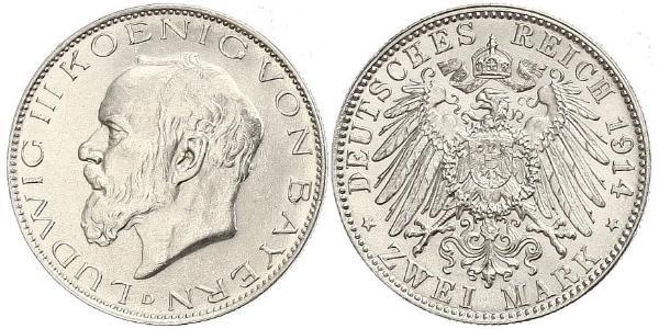 2 Mark Regno di Baviera (1806 - 1918) Argento Ludovico III di Baviera (1845 – 1921)