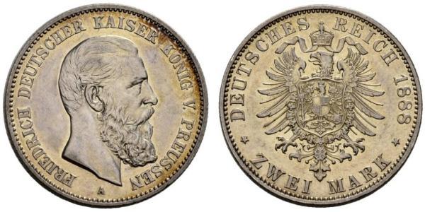 2 Mark Regno di Prussia (1701-1918) Argento Federico III di Germania (1831-1888)