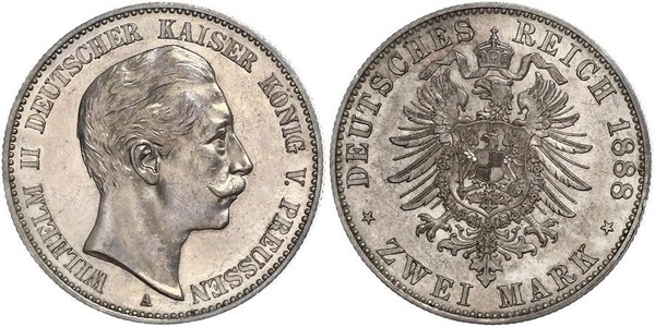 2 Mark Regno di Prussia (1701-1918) Argento Wilhelm II, German Emperor (1859-1941)