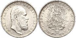 2 Mark Regno di Württemberg (1806-1918) Argento Carlo di Württemberg