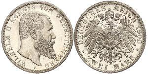 2 Mark Regno di Württemberg (1806-1918) Argento Wilhelm II, German Emperor (1859-1941)