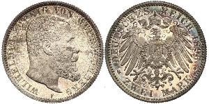 2 Mark Regno di Württemberg (1806-1918) Argento Wilhelm II, German Emperor (1859-1941)