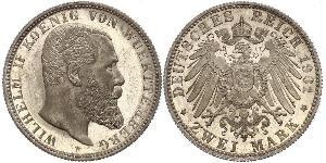 2 Mark Regno di Württemberg (1806-1918) Argento Wilhelm II, German Emperor (1859-1941)