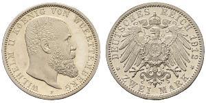 2 Mark Regno di Württemberg (1806-1918) Argento Wilhelm II, German Emperor (1859-1941)