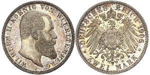 2 Mark Regno di Württemberg (1806-1918) Argento Wilhelm II, German Emperor (1859-1941)