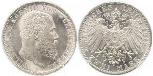 2 Mark Regno di Württemberg (1806-1918) Argento Wilhelm II, German Emperor (1859-1941)