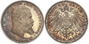 2 Mark Regno di Württemberg (1806-1918) Argento Wilhelm II, German Emperor (1859-1941)