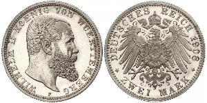 2 Mark Regno di Württemberg (1806-1918) Argento Wilhelm II, German Emperor (1859-1941)