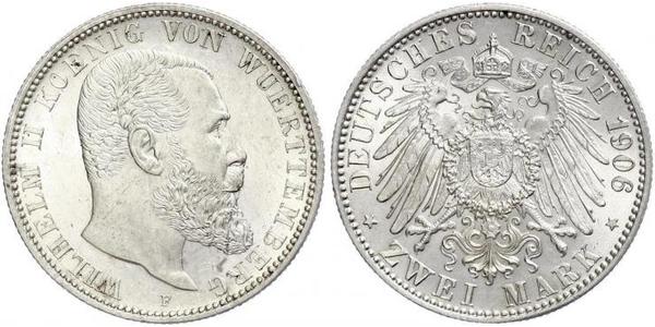 2 Mark Regno di Württemberg (1806-1918) Argento Wilhelm II, German Emperor (1859-1941)