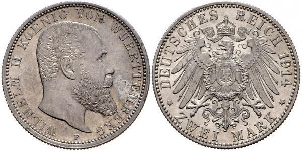 2 Mark Regno di Württemberg (1806-1918) Argento Wilhelm II, German Emperor (1859-1941)