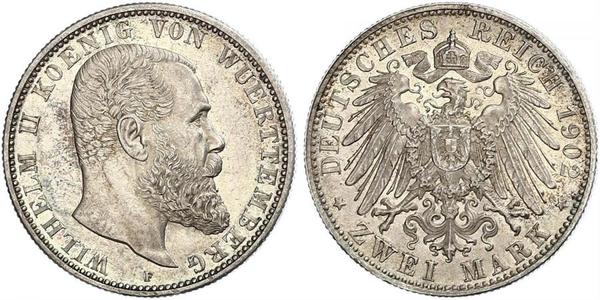 2 Mark Regno di Württemberg (1806-1918) Argento Wilhelm II, German Emperor (1859-1941)