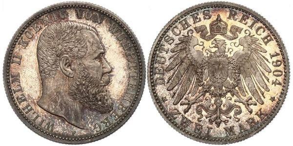2 Mark Regno di Württemberg (1806-1918) Argento Wilhelm II, German Emperor (1859-1941)