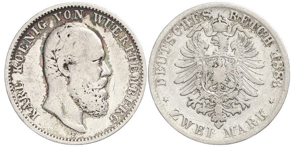 2 Mark Regno di Württemberg (1806-1918) Argento Carlo di Württemberg