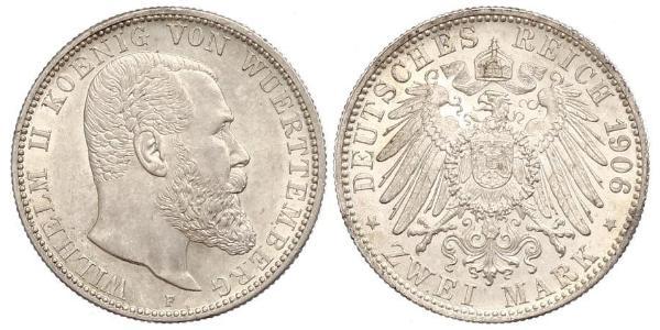 2 Mark Regno di Württemberg (1806-1918) Argento Wilhelm II, German Emperor (1859-1941)