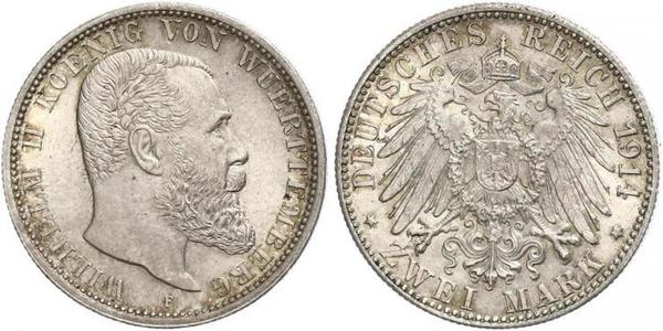 2 Mark Regno di Württemberg (1806-1918) Argento Wilhelm II, German Emperor (1859-1941)