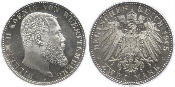 2 Mark Regno di Württemberg (1806-1918) Argento Wilhelm II, German Emperor (1859-1941)