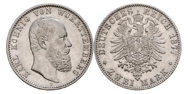 2 Mark Regno di Württemberg (1806-1918) Argento Carlo di Württemberg