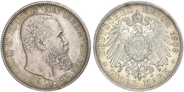 2 Mark Regno di Württemberg (1806-1918) Argento Wilhelm II, German Emperor (1859-1941)