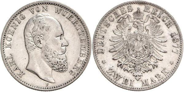 2 Mark Regno di Württemberg (1806-1918) Argento Carlo di Württemberg