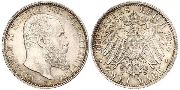 2 Mark Regno di Württemberg (1806-1918) Argento Wilhelm II, German Emperor (1859-1941)