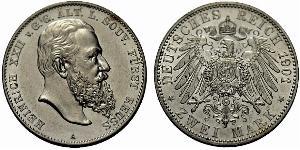 2 Mark Reuss-Greiz (1778 - 1918) Argento Heinrich XXII (1859 - 1902)