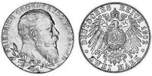 2 Mark Gran Ducado de Baden (1806-1918) Plata Federico I de Baden (1826 - 1907)