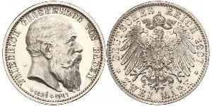 2 Mark Gran Ducado de Baden (1806-1918) Plata Federico I de Baden (1826 - 1907)