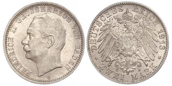 2 Mark Gran Ducado de Baden (1806-1918) Plata Federico II de Baden (1857 - 1928)