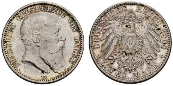 2 Mark Gran Ducado de Baden (1806-1918) Plata Federico I de Baden (1826 - 1907)
