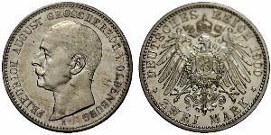 2 Mark Grand Duchy of Oldenburg (1814 - 1918) Plata Federico Augusto III de Sajonia (1865-1932)