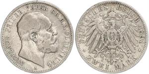 2 Mark Grand Duchy of Oldenburg (1814 - 1918) Plata Pedro II de Oldenburgo (1827 - 1900)