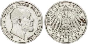 2 Mark Grand Duchy of Oldenburg (1814 - 1918) Plata Pedro II de Oldenburgo (1827 - 1900)