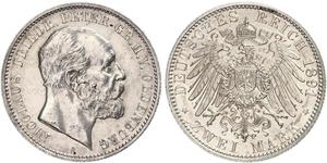 2 Mark Grand Duchy of Oldenburg (1814 - 1918) Plata Pedro II de Oldenburgo (1827 - 1900)