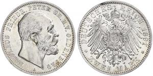 2 Mark Grand Duchy of Oldenburg (1814 - 1918) Plata Pedro II de Oldenburgo (1827 - 1900)