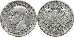 2 Mark Grand Duchy of Oldenburg (1814 - 1918) Plata Federico Augusto III de Sajonia (1865-1932)