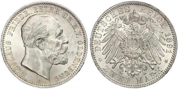 2 Mark Grand Duchy of Oldenburg (1814 - 1918) Plata Pedro II de Oldenburgo (1827 - 1900)