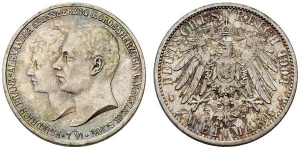 2 Mark Mecklemburgo-Schwerin (1352-1918) Plata Frederick Francis IV, Grand Duke of Mecklenburg (1882 - 1945)