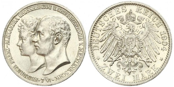 2 Mark Mecklemburgo-Schwerin (1352-1918) Plata Frederick Francis IV, Grand Duke of Mecklenburg (1882 - 1945)