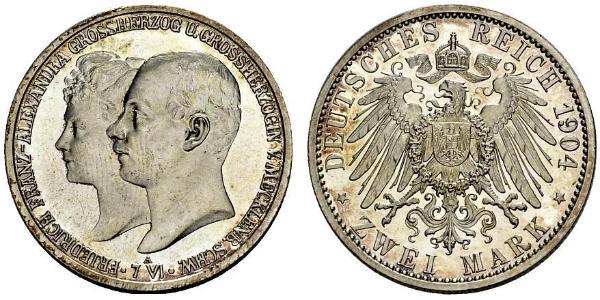 2 Mark Mecklemburgo-Schwerin (1352-1918) Plata Frederick Francis IV, Grand Duke of Mecklenburg (1882 - 1945)
