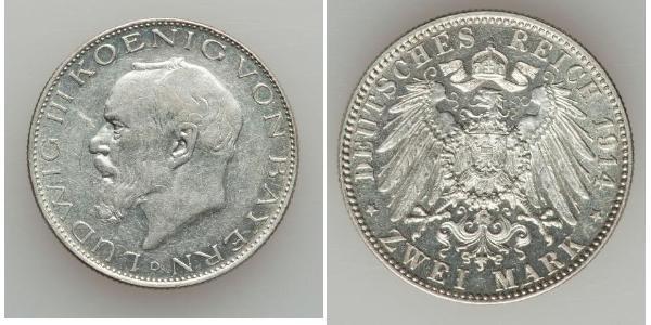 2 Mark Reino de Baviera (1806 - 1918) Plata Luis III de Baviera (1845 – 1921)