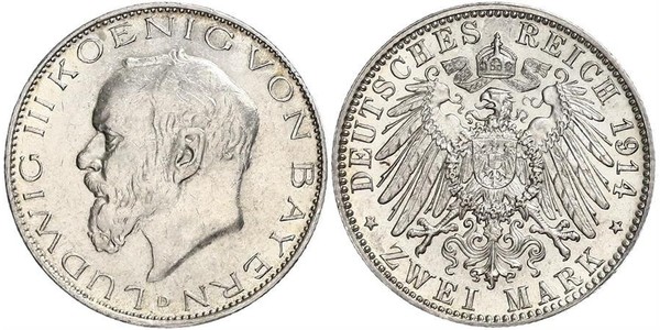 2 Mark Reino de Baviera (1806 - 1918) Plata Luis III de Baviera (1845 – 1921)