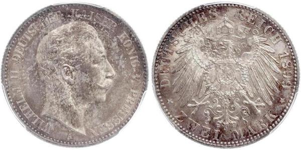 2 Mark Reino de Prusia (1701-1918) Plata Wilhelm II, German Emperor (1859-1941)