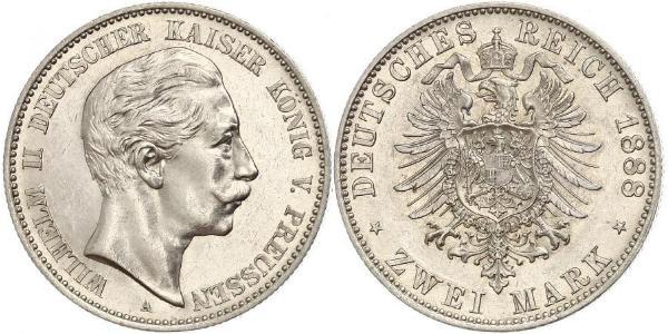 2 Mark Reino de Prusia (1701-1918) Plata Wilhelm II, German Emperor (1859-1941)