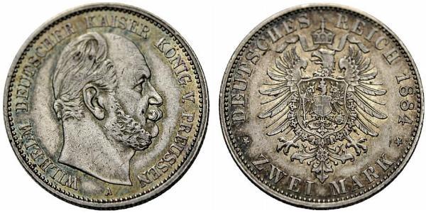 2 Mark Reino de Prusia (1701-1918) Plata Wilhelm I, German Emperor (1797-1888)