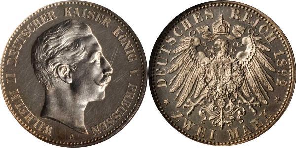 2 Mark Reino de Prusia (1701-1918) Plata Wilhelm II, German Emperor (1859-1941)