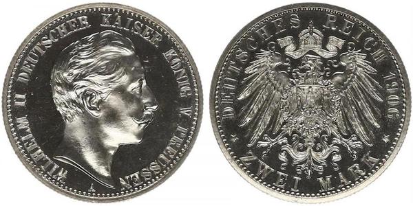 2 Mark Reino de Prusia (1701-1918) Plata Wilhelm II, German Emperor (1859-1941)