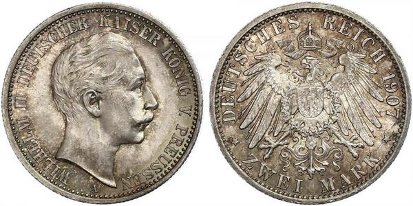 2 Mark Reino de Prusia (1701-1918) Plata Wilhelm II, German Emperor (1859-1941)