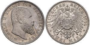 2 Mark Reino de Wurtemberg (1806-1918) Plata Wilhelm II, German Emperor (1859-1941)