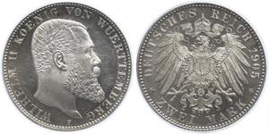 2 Mark Reino de Wurtemberg (1806-1918) Plata Wilhelm II, German Emperor (1859-1941)